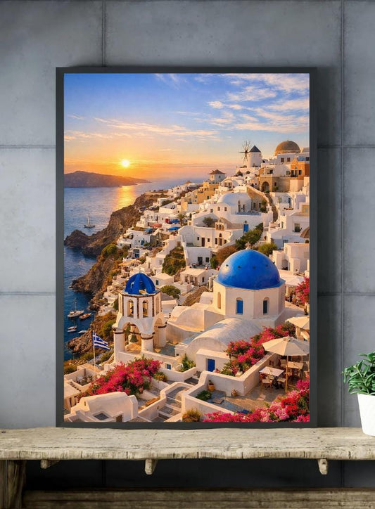 Affiche Imprimée Santorin Oia Grèce, Village Méditerranéen en Bord de Mer, Poster Voyage Côte Égéenne, Décoration Murale Maison Bohème