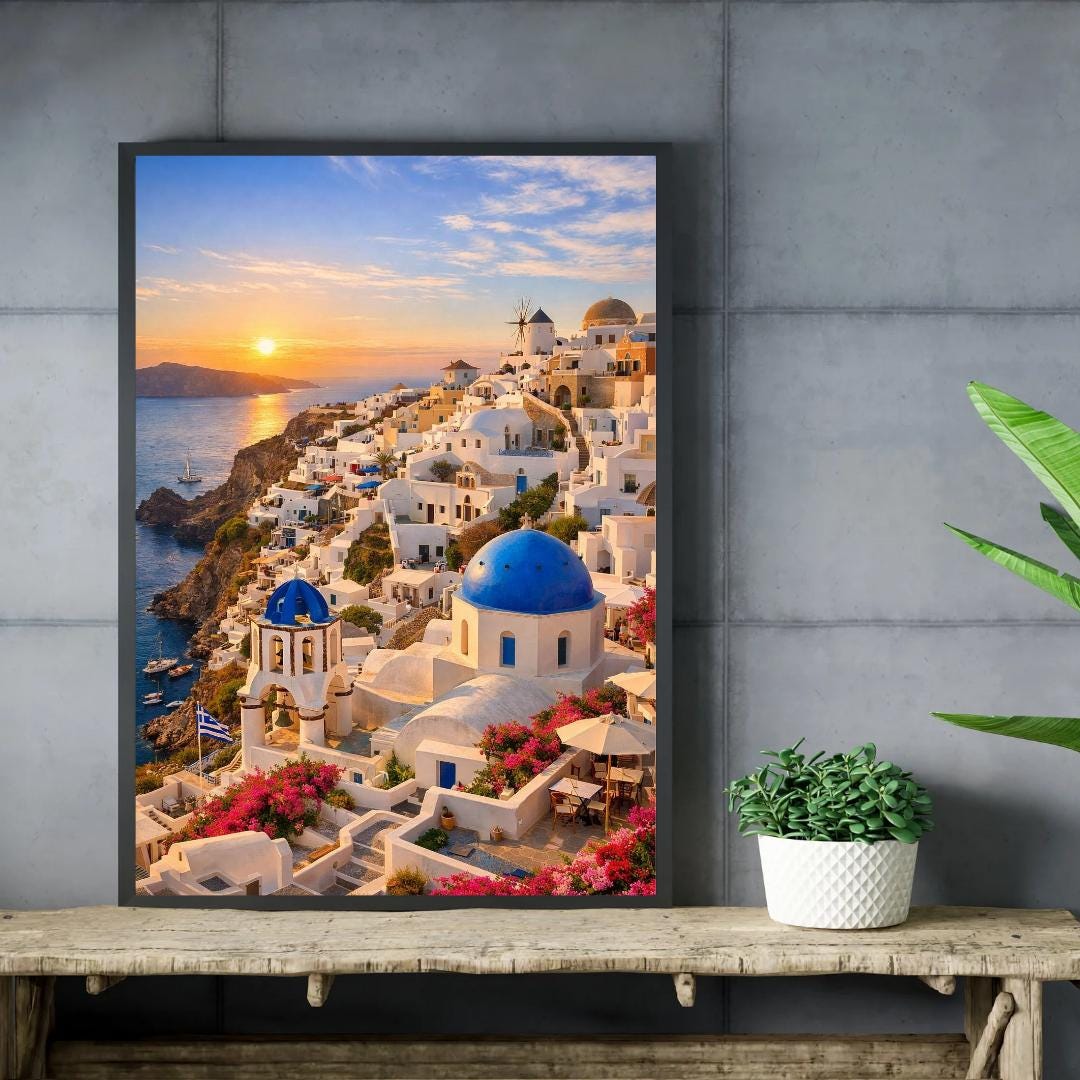 Affiche Imprimée Santorin Oia Grèce, Village Méditerranéen en Bord de Mer, Poster Voyage Côte Égéenne, Décoration Murale Maison Bohème