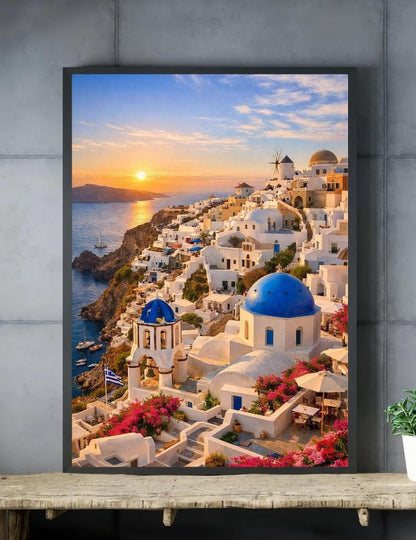 Affiche Imprimée Santorin Oia Grèce, Village Méditerranéen en Bord de Mer, Poster Voyage Côte Égéenne, Décoration Murale Maison Bohème