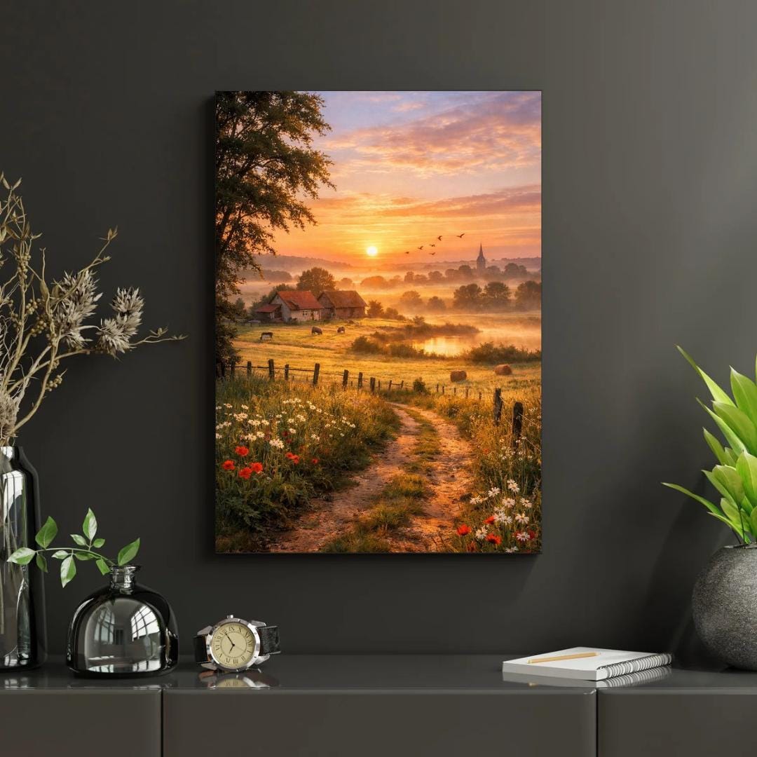 Affiche Imprimée Campagne Printanière à l’aube, Paysage nature lever du soleil, Déco murale champêtre, Poster paysage rural printemps