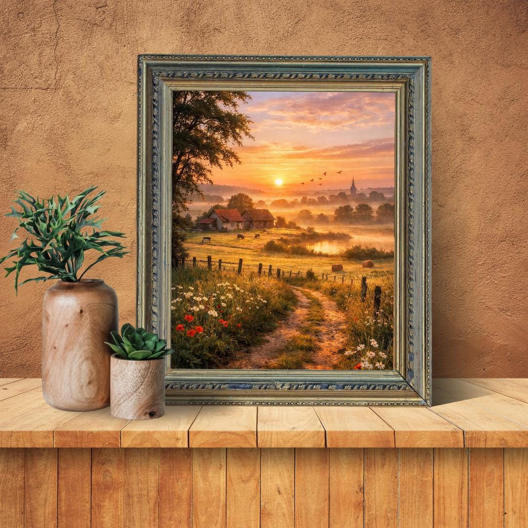 Affiche Imprimée Campagne Printanière à l’aube, Paysage nature lever du soleil, Déco murale champêtre, Poster paysage rural printemps