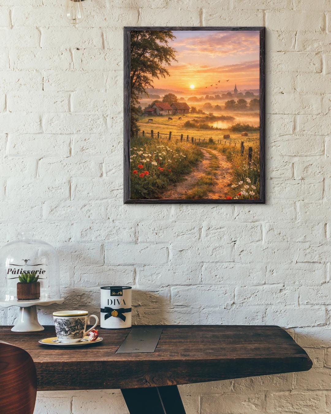 Affiche Imprimée Campagne Printanière à l’aube, Paysage nature lever du soleil, Déco murale champêtre, Poster paysage rural printemps