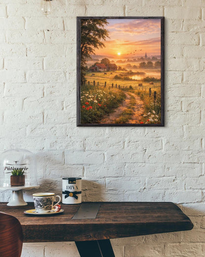 Affiche Imprimée Campagne Printanière à l’aube, Paysage nature lever du soleil, Déco murale champêtre, Poster paysage rural printemps