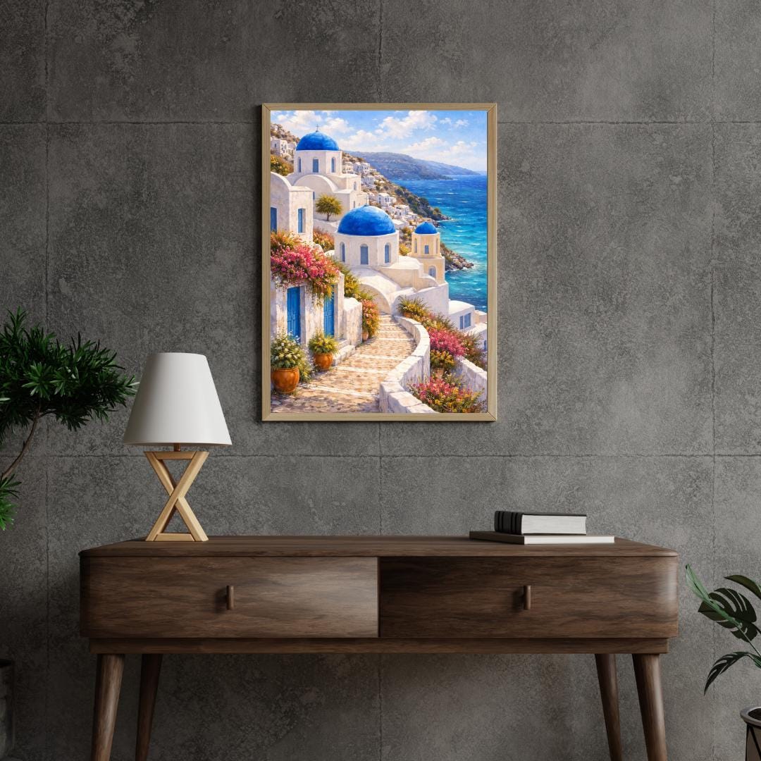 Affiche Imprimée Santorin Oia Grèce, Village Méditerranéen en Bord de Mer, Poster Voyage Côte Égéenne, Décoration Murale Maison Bohème
