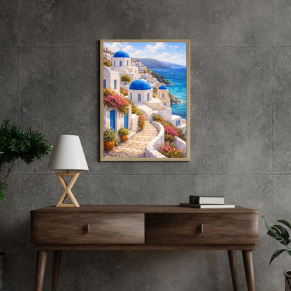 Affiche Imprimée Santorin Oia Grèce, Village Méditerranéen en Bord de Mer, Poster Voyage Côte Égéenne, Décoration Murale Maison Bohème
