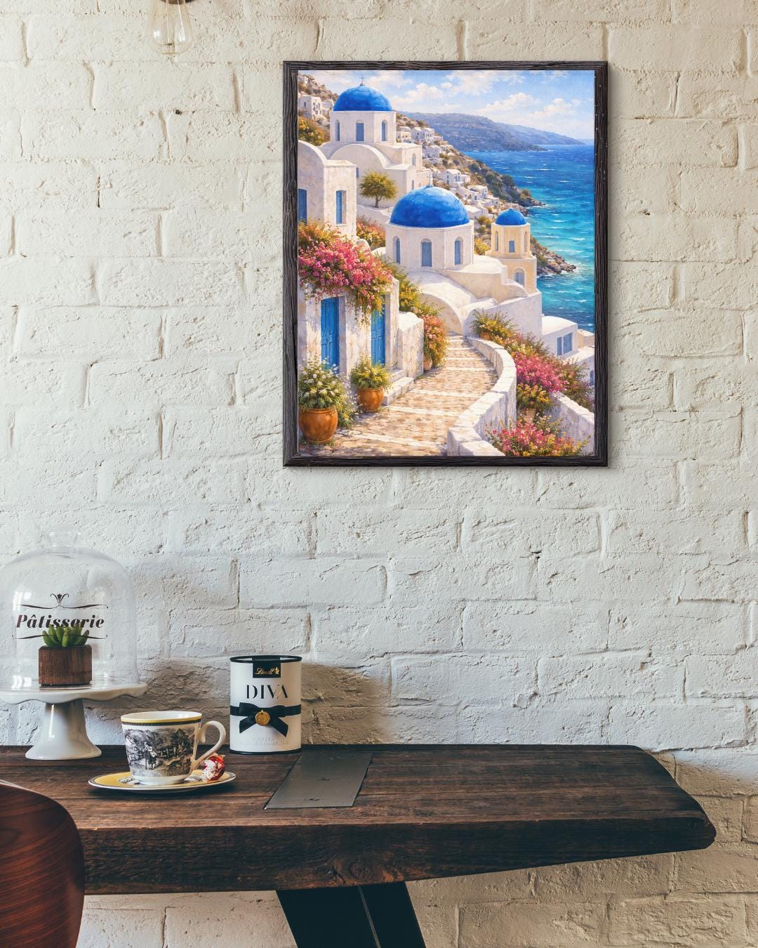 Affiche Imprimée Santorin Oia Grèce, Village Méditerranéen en Bord de Mer, Poster Voyage Côte Égéenne, Décoration Murale Maison Bohème