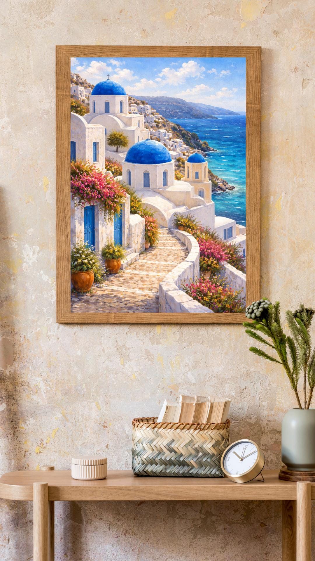 Affiche Imprimée Santorin Oia Grèce, Village Méditerranéen en Bord de Mer, Poster Voyage Côte Égéenne, Décoration Murale Maison Bohème