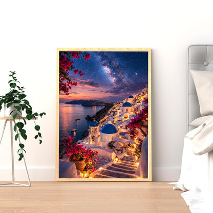 Affiche Imprimée Santorin Oia Grèce, Village Méditerranéen en Bord de Mer, Poster Voyage Côte Égéenne, Décoration Murale Maison Bohème