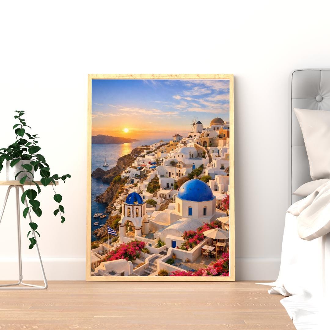 Affiche Imprimée Santorin Oia Grèce, Village Méditerranéen en Bord de Mer, Poster Voyage Côte Égéenne, Décoration Murale Maison Bohème