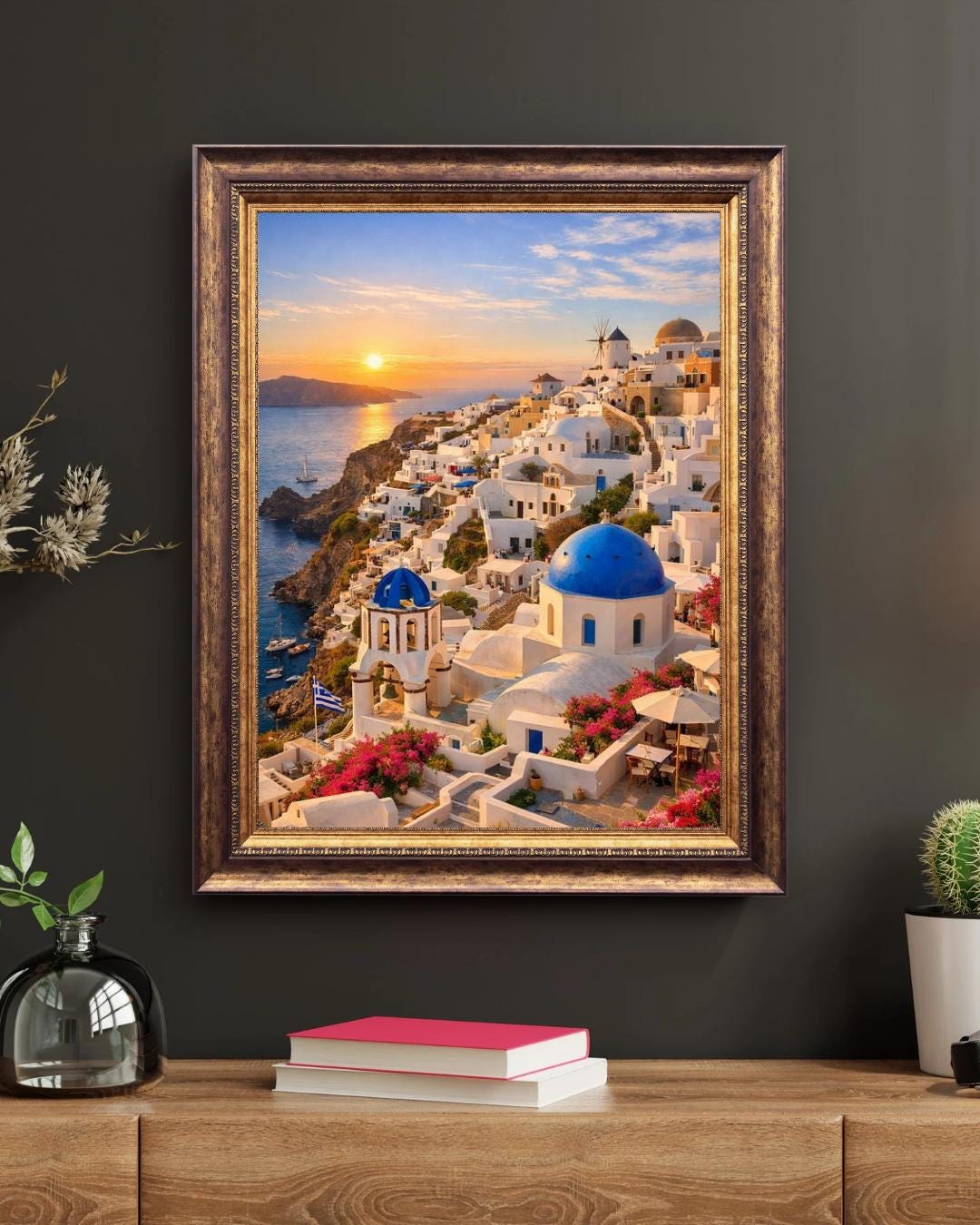 Affiche Imprimée Santorin Oia Grèce, Village Méditerranéen en Bord de Mer, Poster Voyage Côte Égéenne, Décoration Murale Maison Bohème