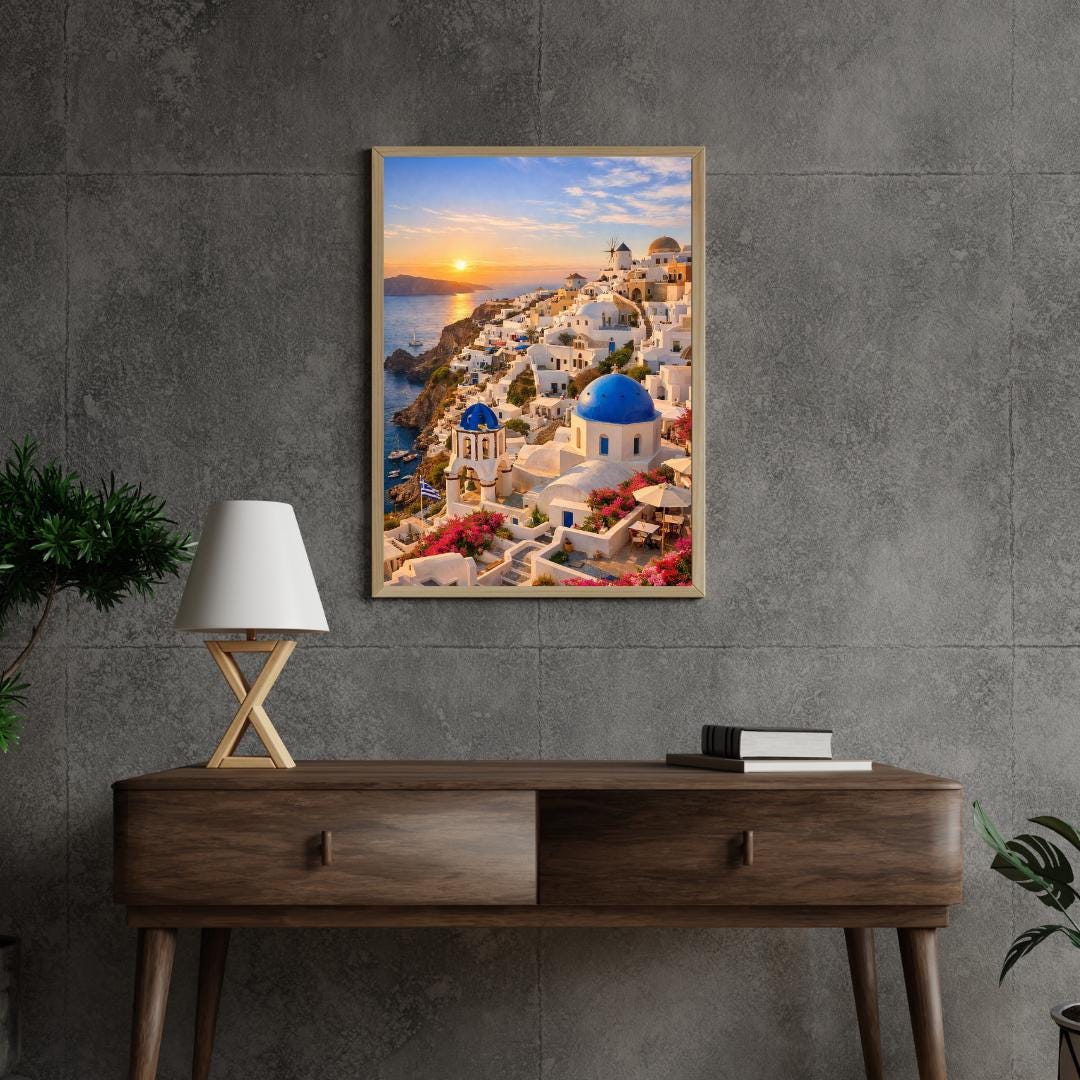 Affiche Imprimée Santorin Oia Grèce, Village Méditerranéen en Bord de Mer, Poster Voyage Côte Égéenne, Décoration Murale Maison Bohème