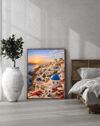Affiche Imprimée Santorin Oia Grèce, Village Méditerranéen en Bord de Mer, Poster Voyage Côte Égéenne, Décoration Murale Maison Bohème