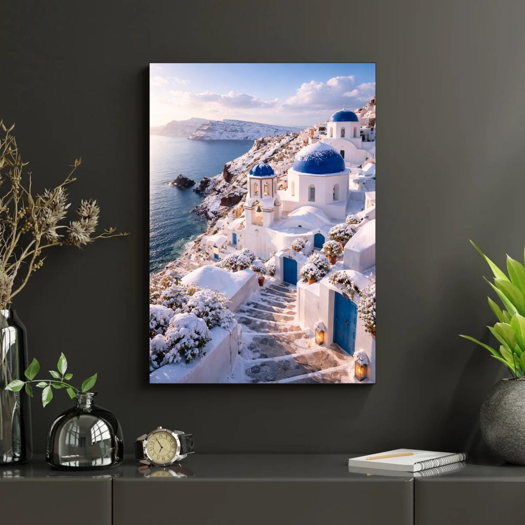 Affiche Imprimée Santorin Oia Grèce, Village Méditerranéen en Bord de Mer, Poster Voyage Côte Égéenne, Décoration Murale Maison Bohème