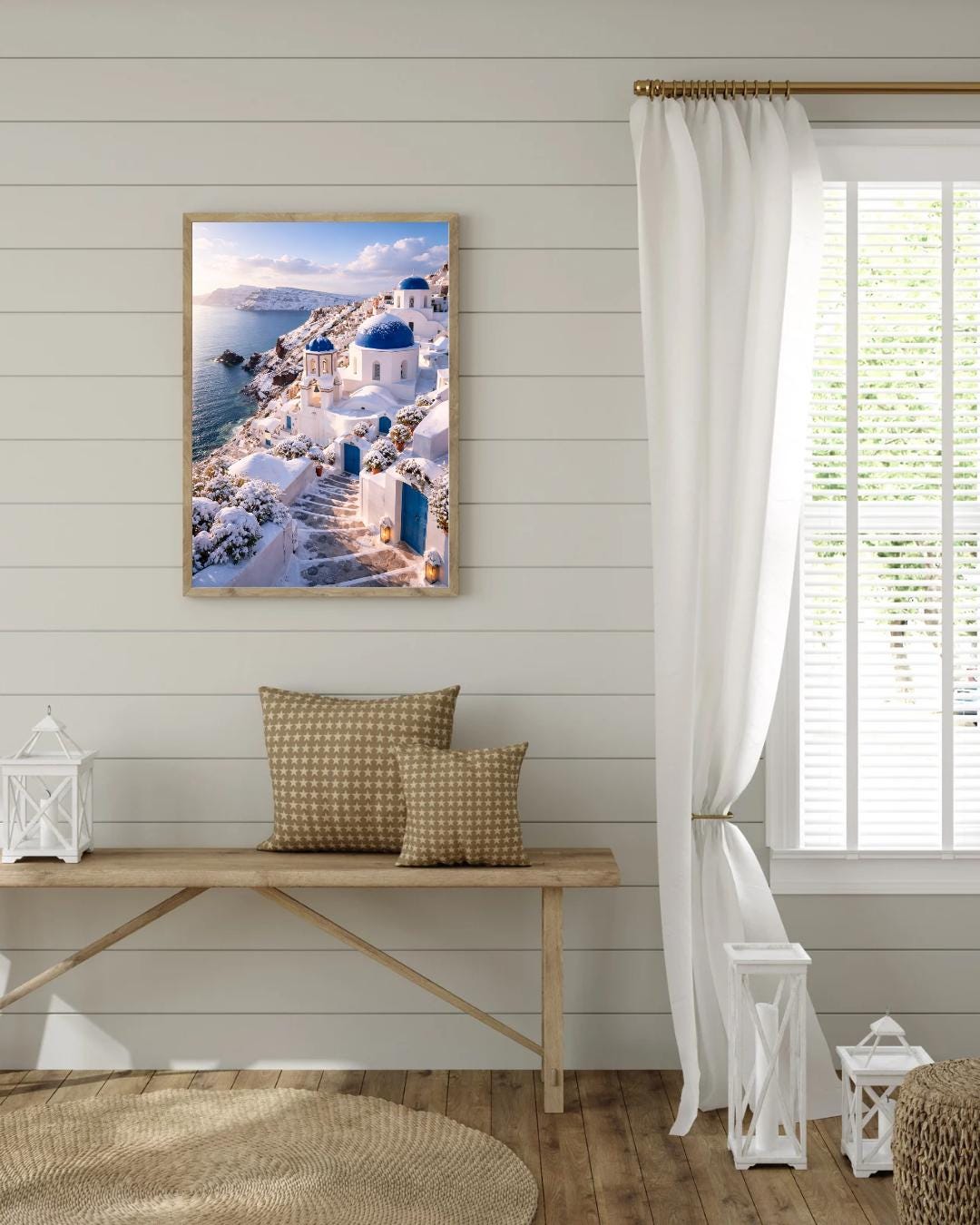 Affiche Imprimée Santorin Oia Grèce, Village Méditerranéen en Bord de Mer, Poster Voyage Côte Égéenne, Décoration Murale Maison Bohème