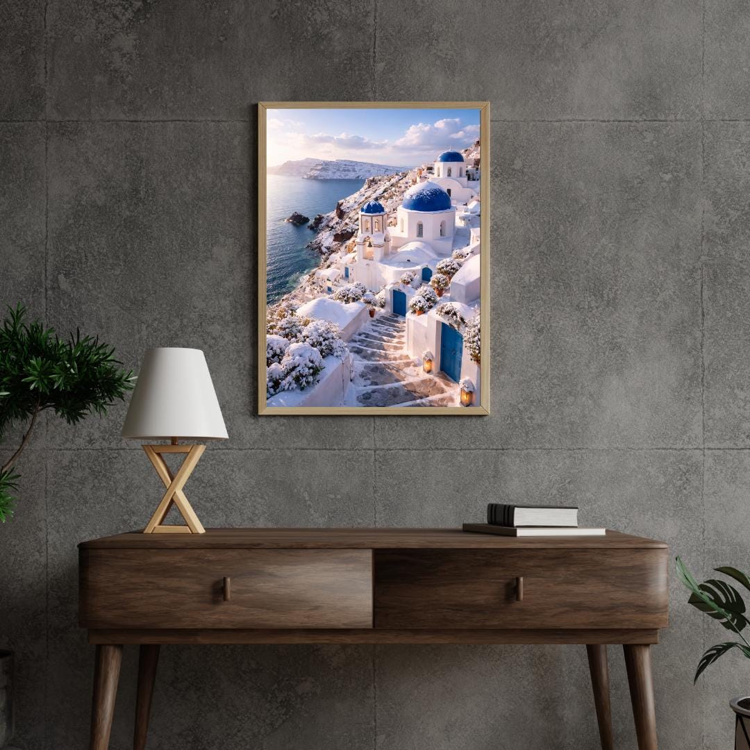 Affiche Imprimée Santorin Oia Grèce, Village Méditerranéen en Bord de Mer, Poster Voyage Côte Égéenne, Décoration Murale Maison Bohème