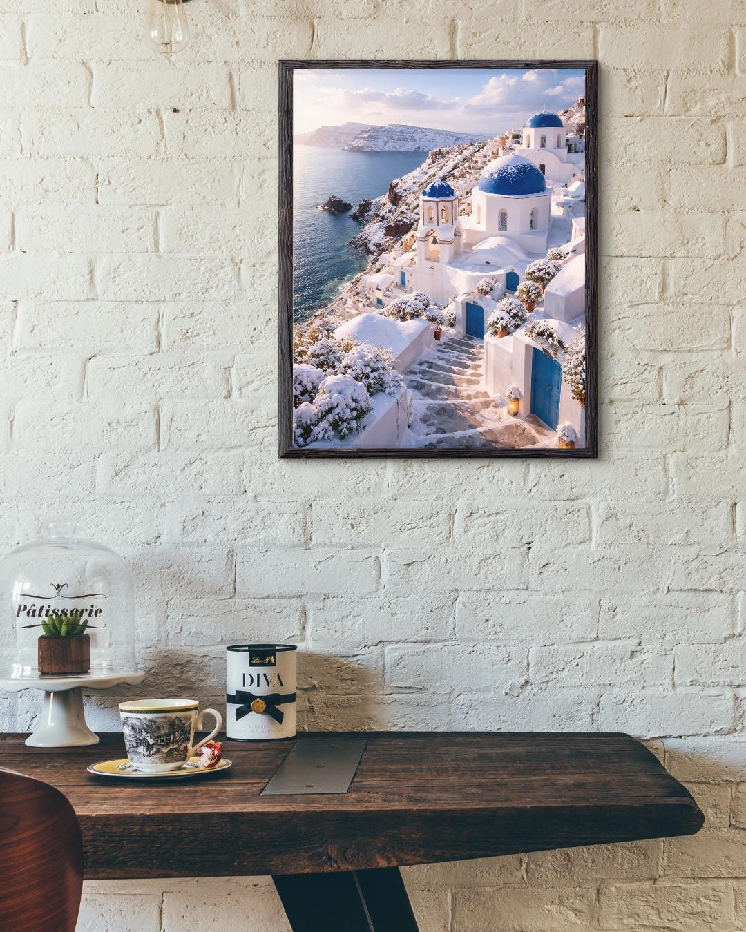 Affiche Imprimée Santorin Oia Grèce, Village Méditerranéen en Bord de Mer, Poster Voyage Côte Égéenne, Décoration Murale Maison Bohème