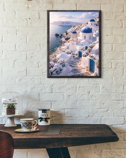 Affiche Imprimée Santorin Oia Grèce, Village Méditerranéen en Bord de Mer, Poster Voyage Côte Égéenne, Décoration Murale Maison Bohème