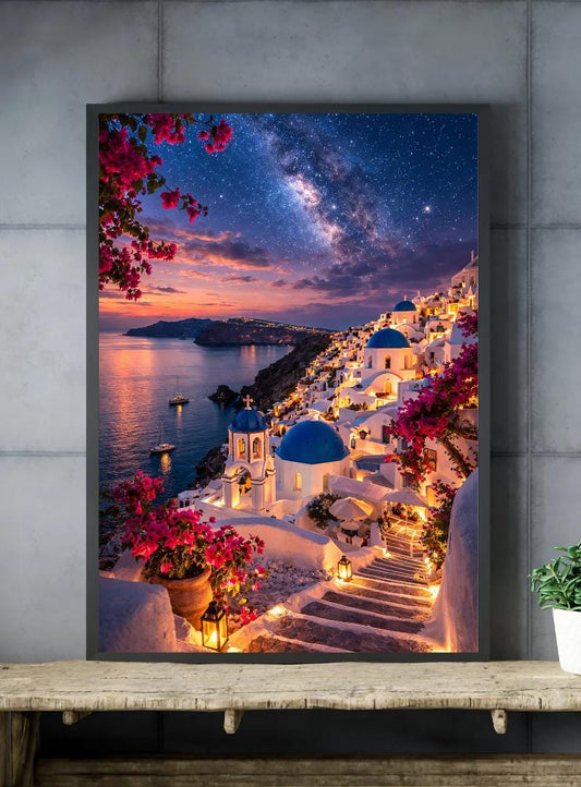 Affiche Imprimée Santorin Oia Grèce, Village Méditerranéen en Bord de Mer, Poster Voyage Côte Égéenne, Décoration Murale Maison Bohème