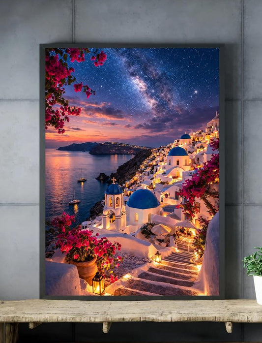 Affiche Imprimée Santorin Oia Grèce, Village Méditerranéen en Bord de Mer, Poster Voyage Côte Égéenne, Décoration Murale Maison Bohème