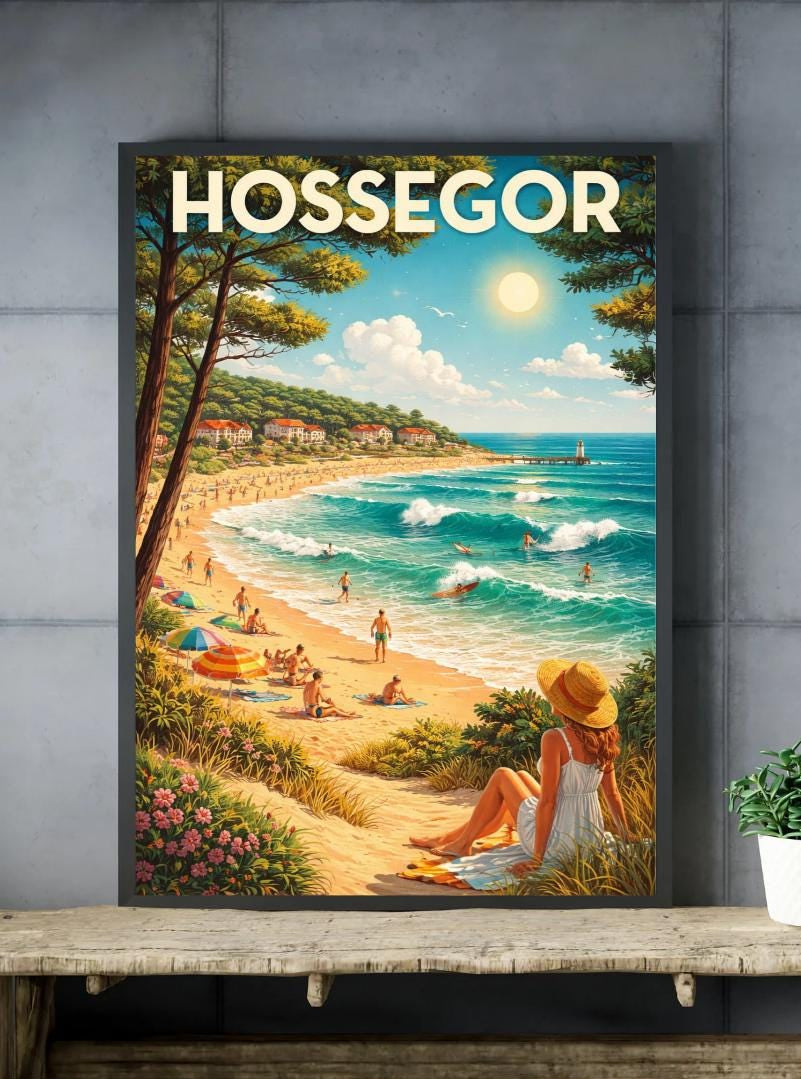 Affiche imprimée Hossegor – Poster Côte Atlantique Surf & Océan, Décoration Murale Maison, Idée Cadeau Voyage Landes