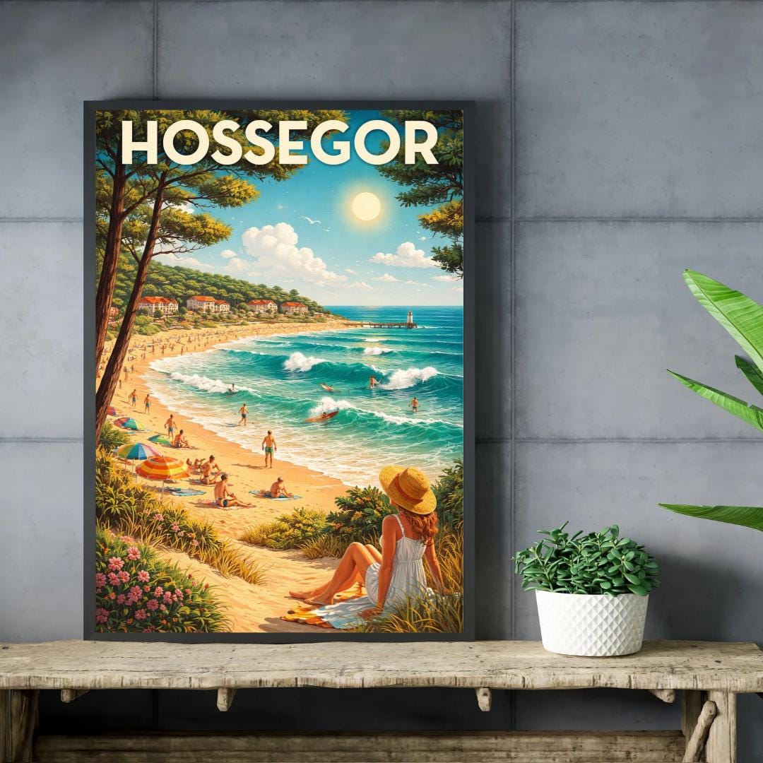 Affiche imprimée Hossegor – Poster Côte Atlantique Surf & Océan, Décoration Murale Maison, Idée Cadeau Voyage Landes