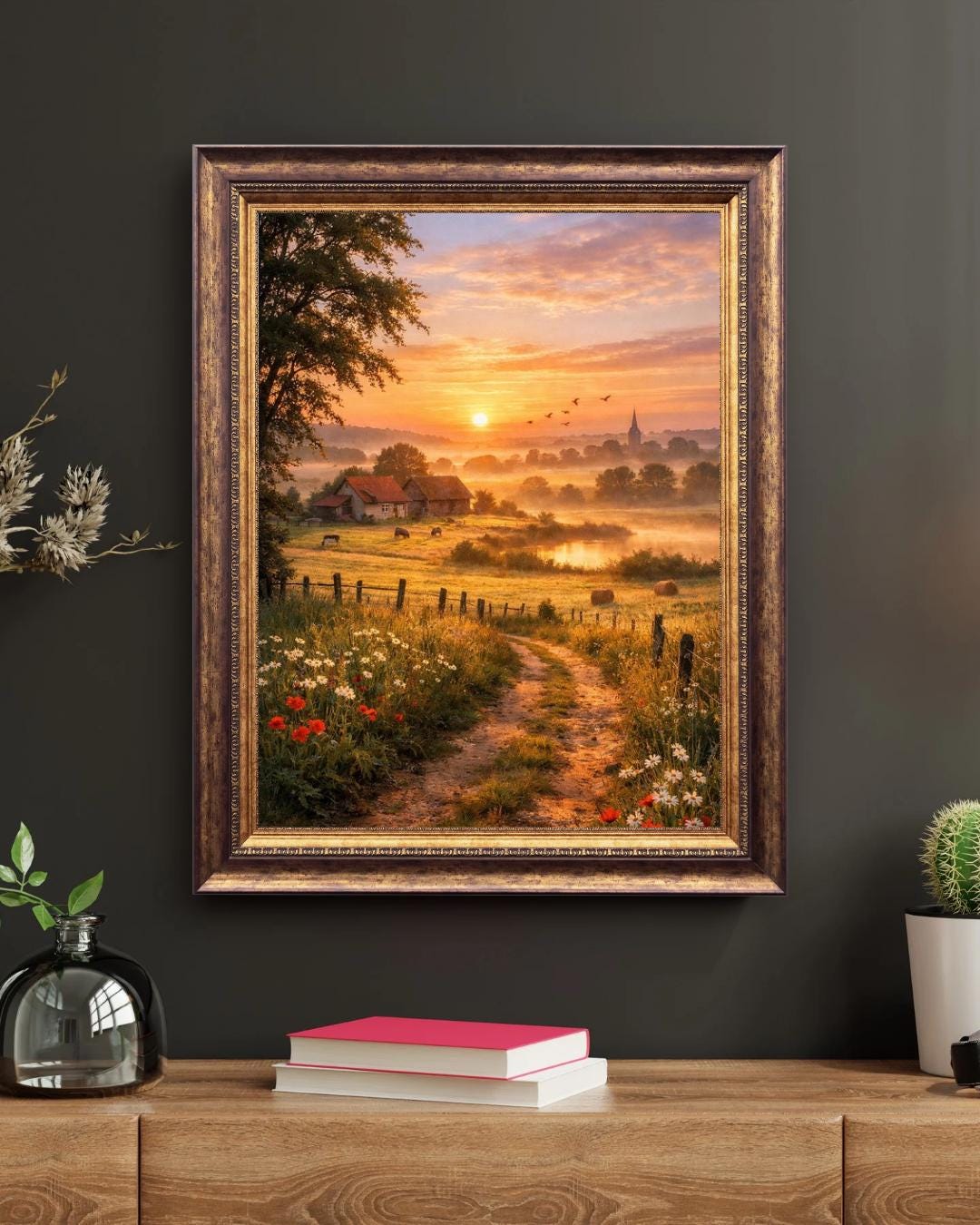 Affiche Imprimée Campagne Printanière à l’aube, Paysage nature lever du soleil, Déco murale champêtre, Poster paysage rural printemps