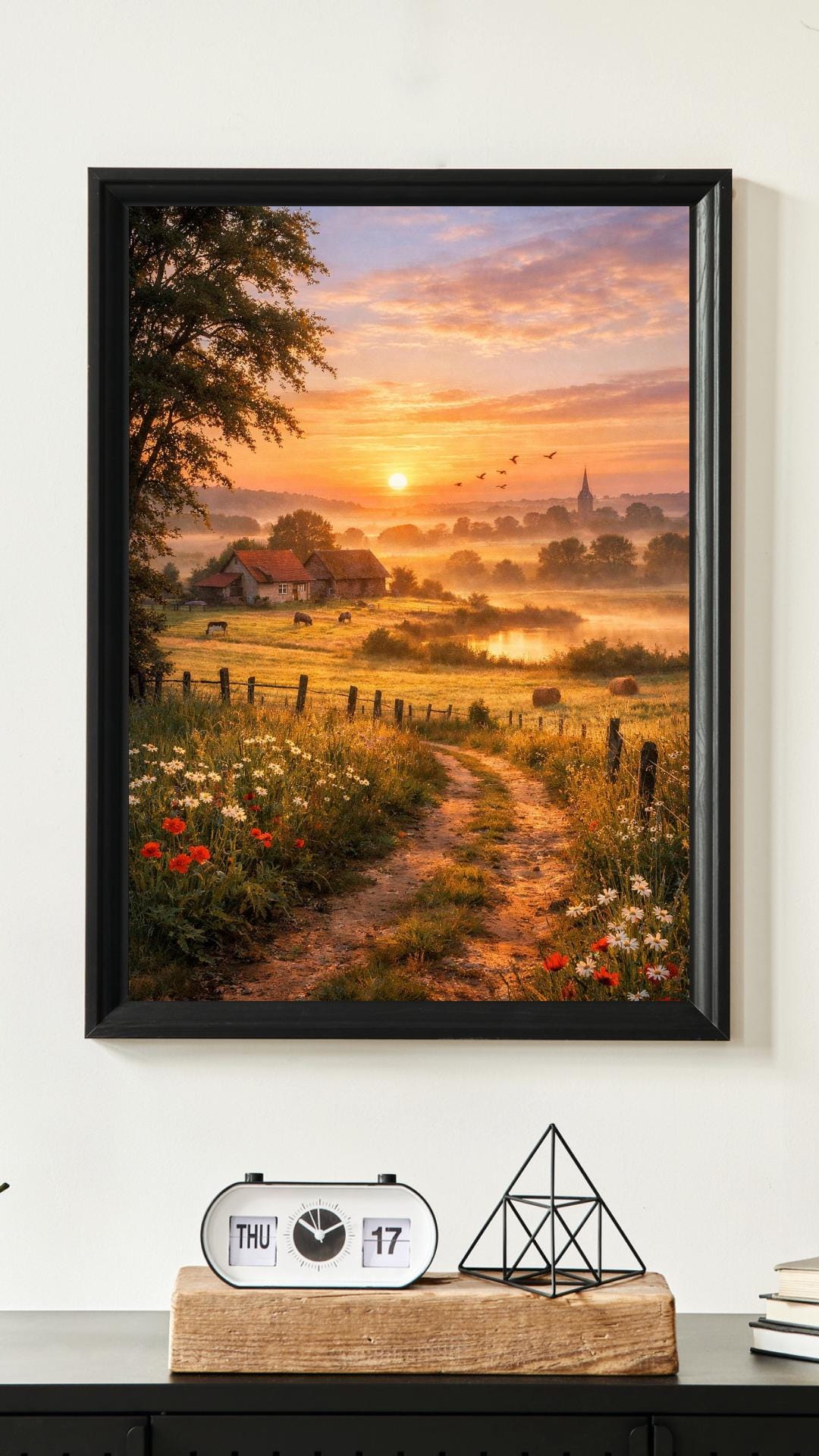 Affiche Imprimée Campagne Printanière à l’aube, Paysage nature lever du soleil, Déco murale champêtre, Poster paysage rural printemps