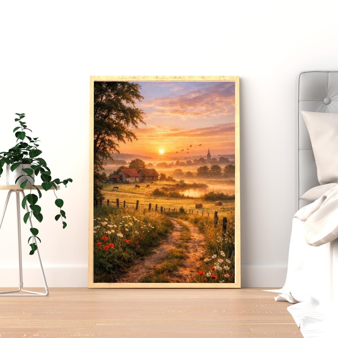 Affiche Imprimée Campagne Printanière à l’aube, Paysage nature lever du soleil, Déco murale champêtre, Poster paysage rural printemps
