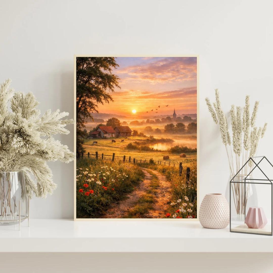 Affiche Imprimée Campagne Printanière à l’aube, Paysage nature lever du soleil, Déco murale champêtre, Poster paysage rural printemps