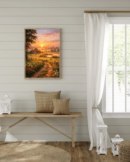 Affiche Imprimée Campagne Printanière à l’aube, Paysage nature lever du soleil, Déco murale champêtre, Poster paysage rural printemps