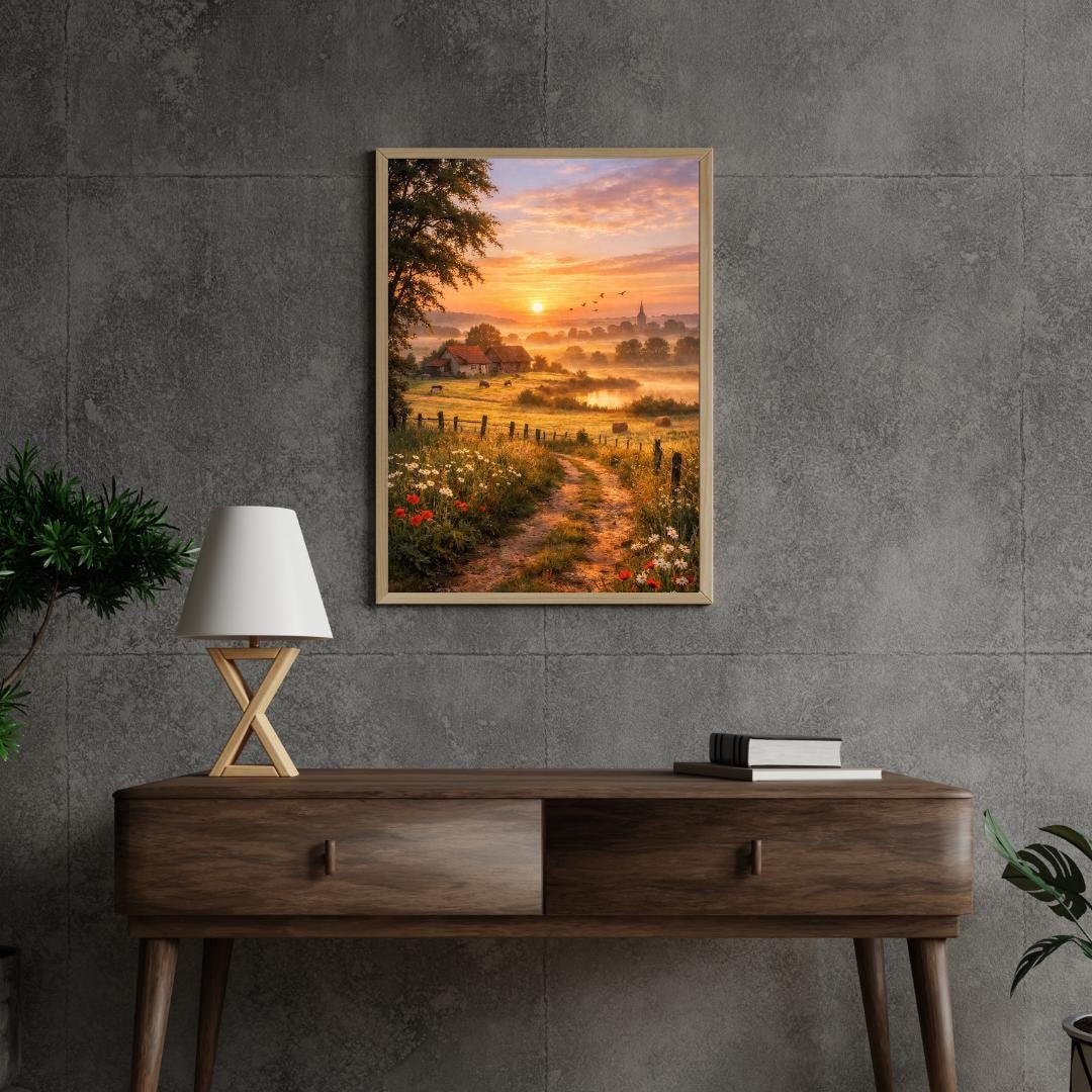 Affiche Imprimée Campagne Printanière à l’aube, Paysage nature lever du soleil, Déco murale champêtre, Poster paysage rural printemps