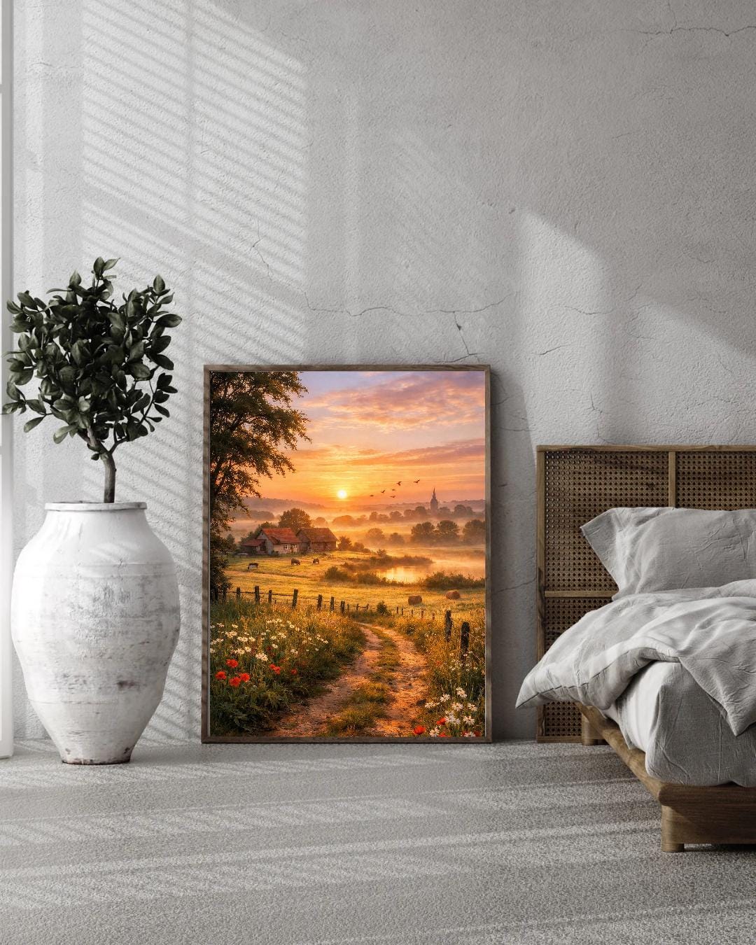 Affiche Imprimée Campagne Printanière à l’aube, Paysage nature lever du soleil, Déco murale champêtre, Poster paysage rural printemps