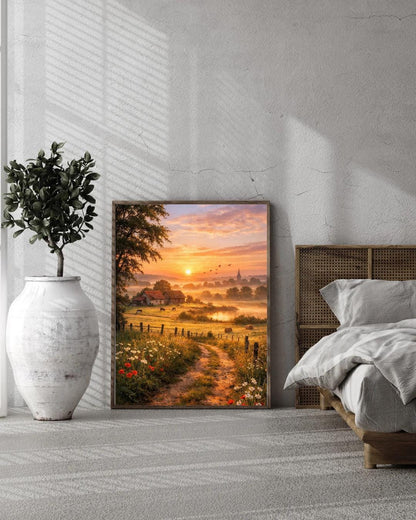 Affiche Imprimée Campagne Printanière à l’aube, Paysage nature lever du soleil, Déco murale champêtre, Poster paysage rural printemps