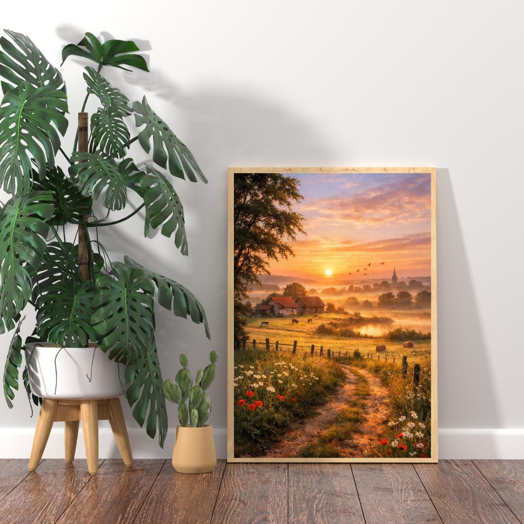 Affiche Imprimée Campagne Printanière à l’aube, Paysage nature lever du soleil, Déco murale champêtre, Poster paysage rural printemps
