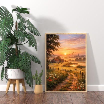 Affiche Imprimée Campagne Printanière à l’aube, Paysage nature lever du soleil, Déco murale champêtre, Poster paysage rural printemps