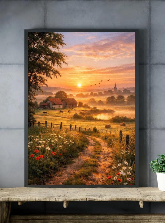 Affiche Imprimée Campagne Printanière à l’aube, Paysage nature lever du soleil, Déco murale champêtre, Poster paysage rural printemps