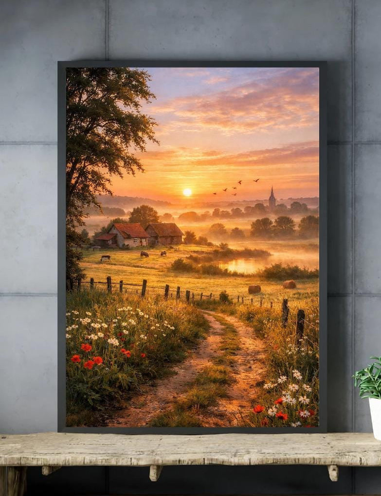 Affiche Imprimée Campagne Printanière à l’aube, Paysage nature lever du soleil, Déco murale champêtre, Poster paysage rural printemps
