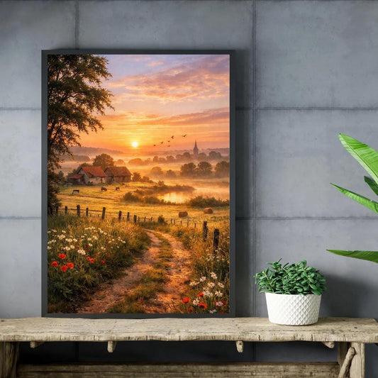 Affiche Imprimée Campagne Printanière à l’aube, Paysage nature lever du soleil, Déco murale champêtre, Poster paysage rural printemps
