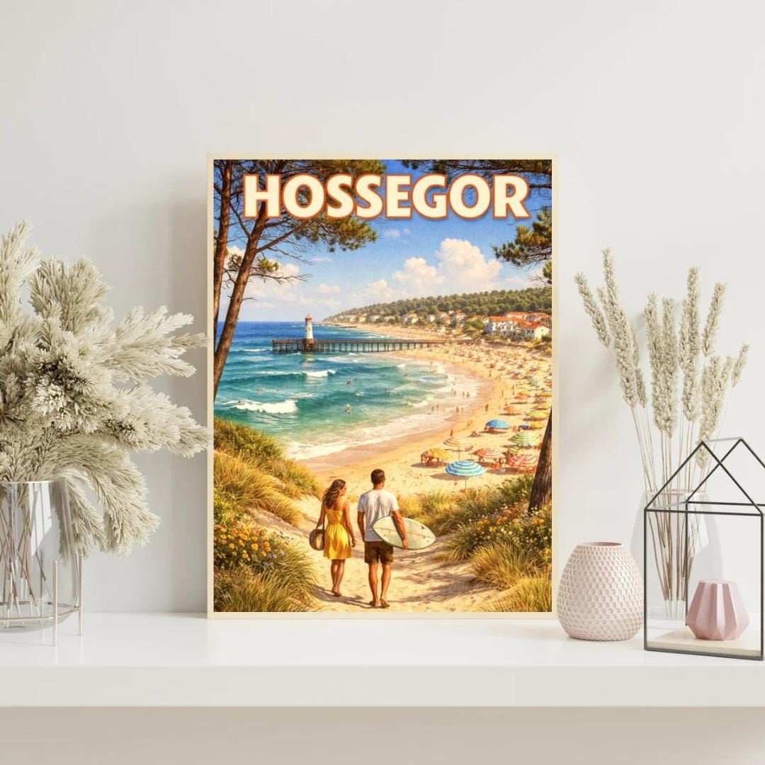 Affiche imprimée Hossegor – Poster Côte Atlantique Surf & Océan, Décoration Murale Maison, Idée Cadeau Voyage Landes