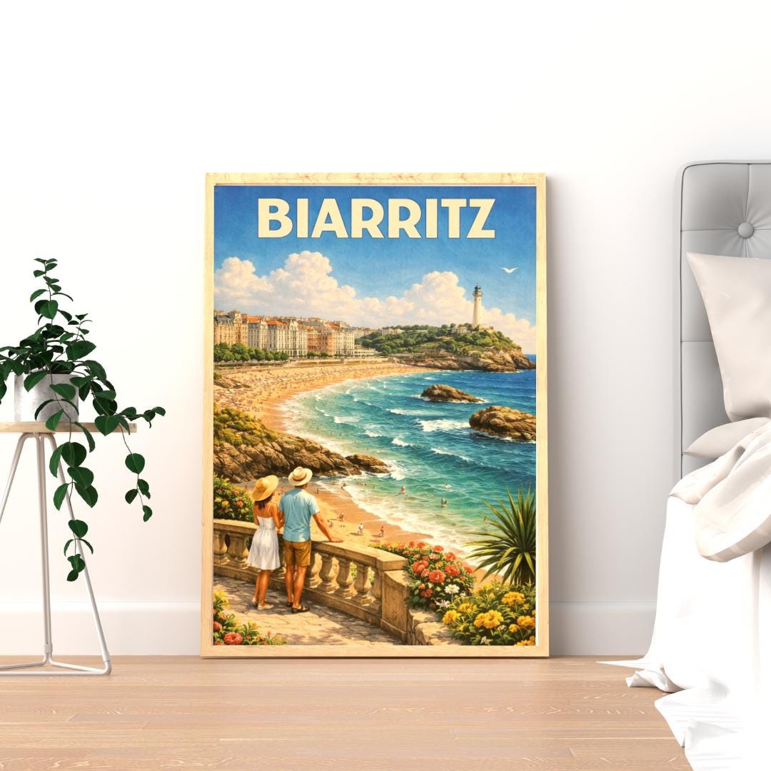 Affiche imprimée Biarritz – Poster Côte Basque & Océan Atlantique, Décoration Murale Surf et Plage, Idée Cadeau Voyage