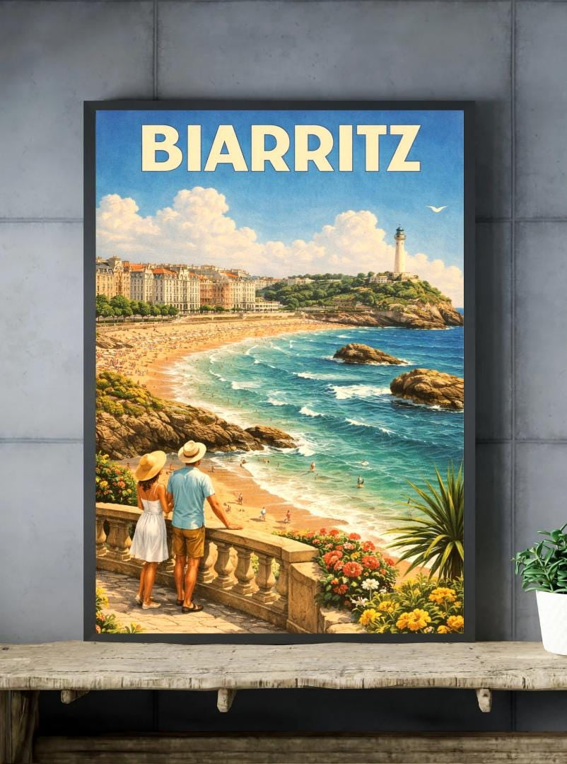Affiche imprimée Biarritz – Poster Côte Basque & Océan Atlantique, Décoration Murale Surf et Plage, Idée Cadeau Voyage