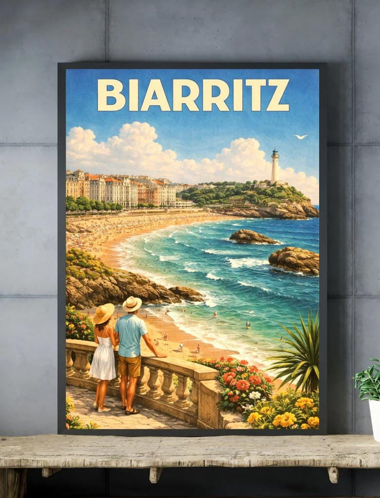 Affiche imprimée Biarritz – Poster Côte Basque & Océan Atlantique, Décoration Murale Surf et Plage, Idée Cadeau Voyage