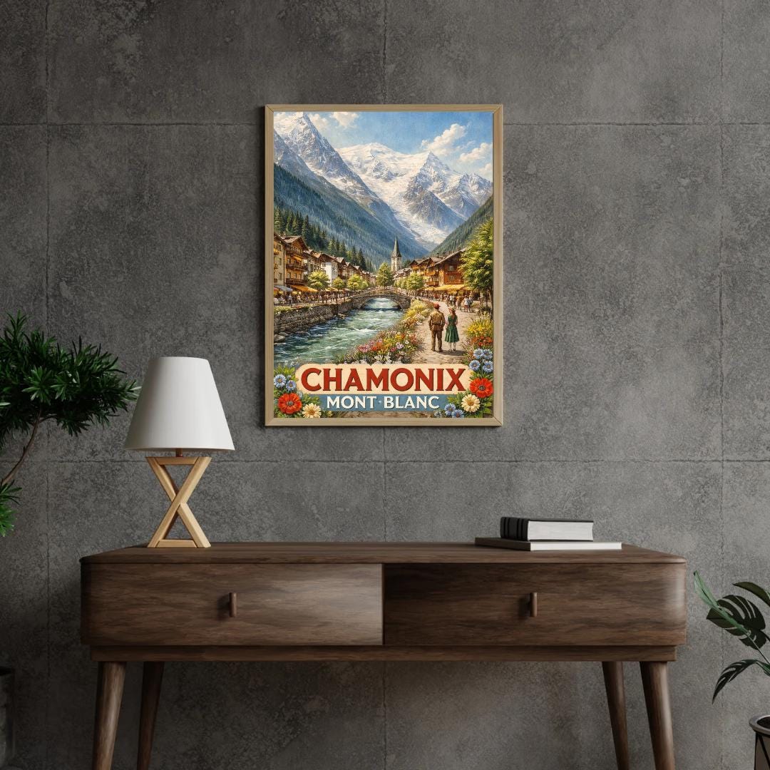 Affiche imprimée Chamonix Mont Blanc – Poster Montagne Premium, Décoration Murale Salon, Idée Cadeau Voyage Alpes