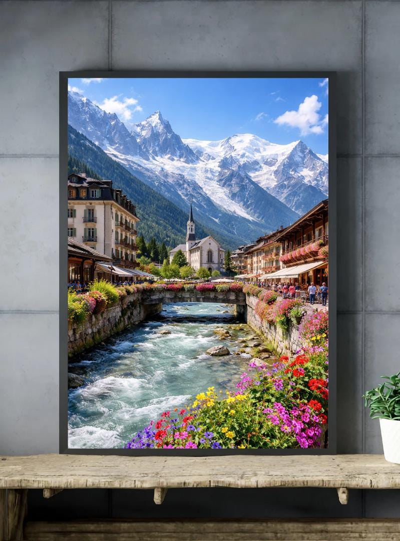 Affiche imprimée Chamonix Mont Blanc – Poster Montagne Premium, Décoration Murale Salon, Idée Cadeau Voyage Alpes