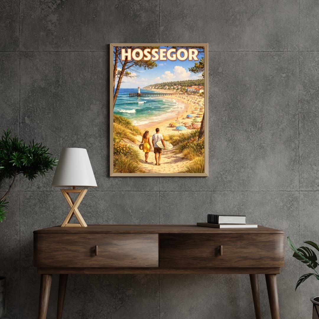 Affiche imprimée Hossegor – Poster Côte Atlantique Surf & Océan, Décoration Murale Maison, Idée Cadeau Voyage Landes