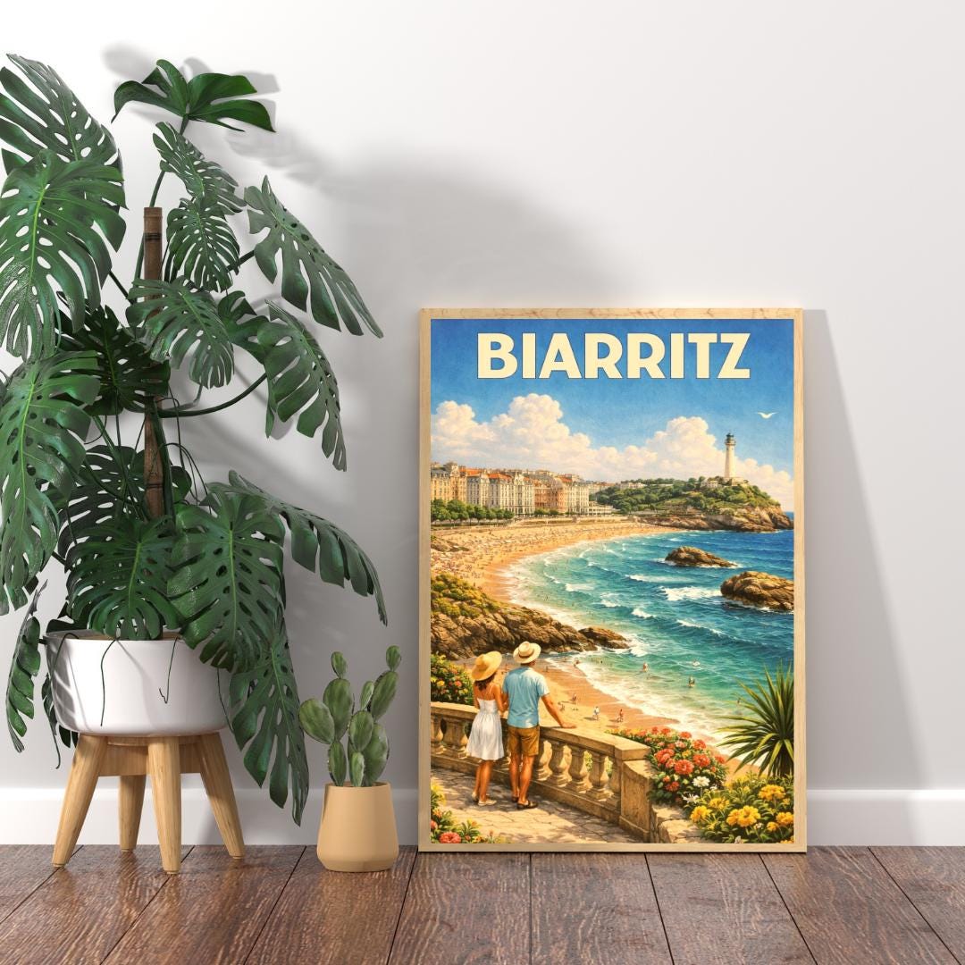 Affiche imprimée Biarritz – Poster Côte Basque & Océan Atlantique, Décoration Murale Surf et Plage, Idée Cadeau Voyage