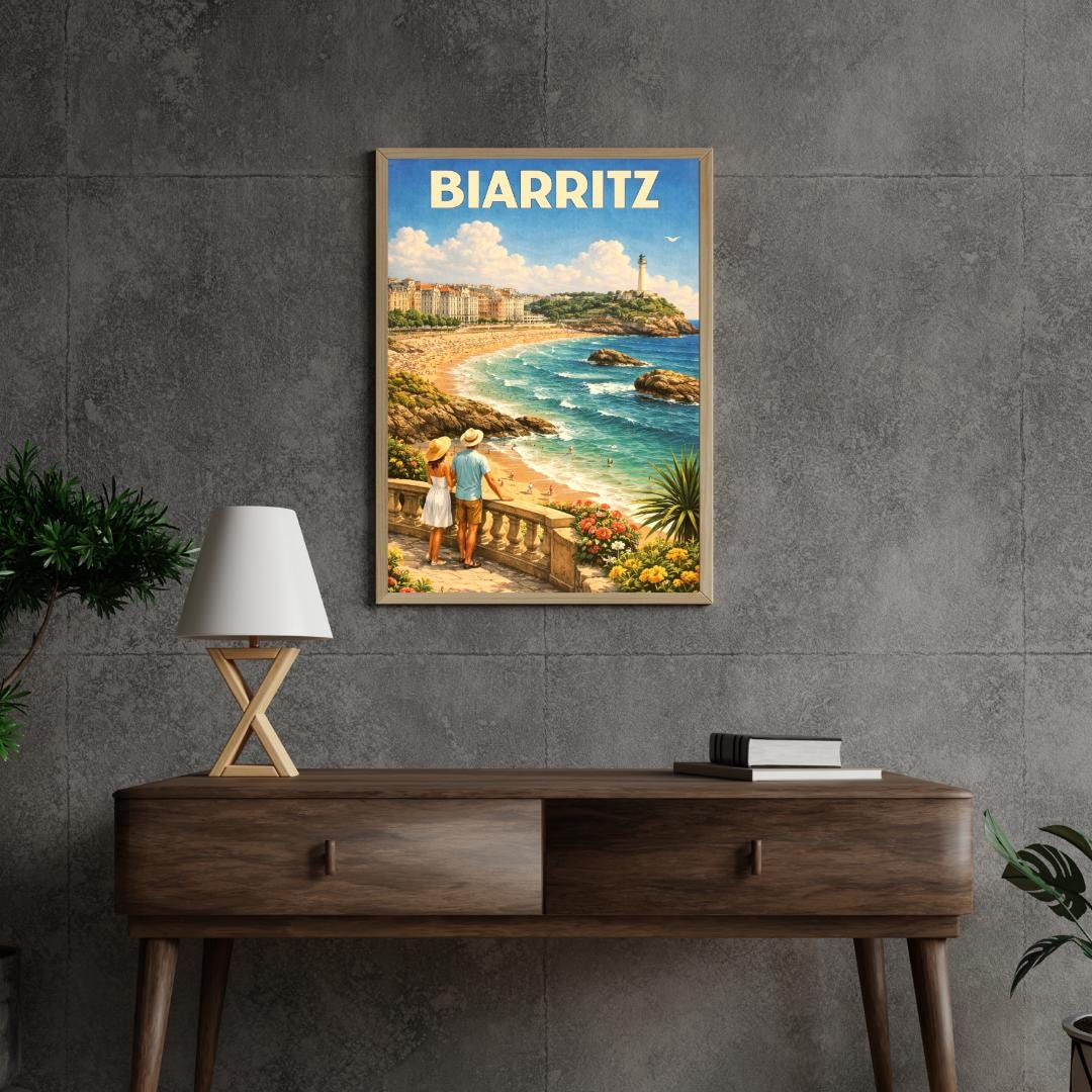 Affiche imprimée Biarritz – Poster Côte Basque & Océan Atlantique, Décoration Murale Surf et Plage, Idée Cadeau Voyage