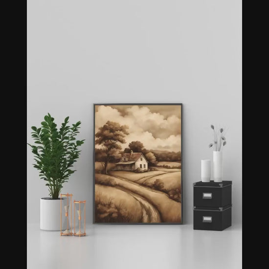 Affiche Imprimée A3 Qualité Premium - Paysage Sépia, Art Mural Style Aquarelle, Poster Campagne, Impression Minimaliste, Décoration Maison