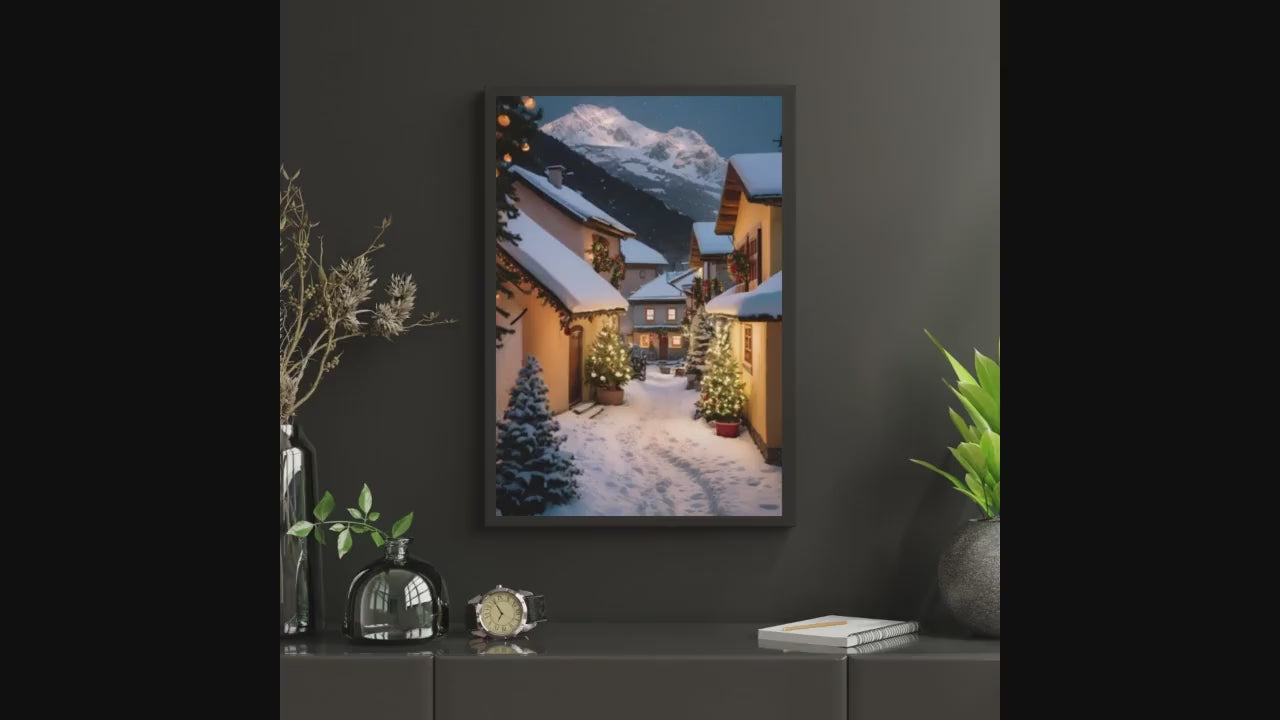 Affiche Numérique Village de Noël & Montagne Enneigée, Art Mural, Poster Hiver, Illustration Paysage, Décor Neige, Format: A2 - 42 x 59,4 cm