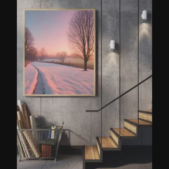 Affiche Numérique Campagne Enneigée au Coucher du Soleil, Art Mural Hiver, Poster Nature, Paysage, Décor de Neige, Format A2 : 42 x 59,4 cm